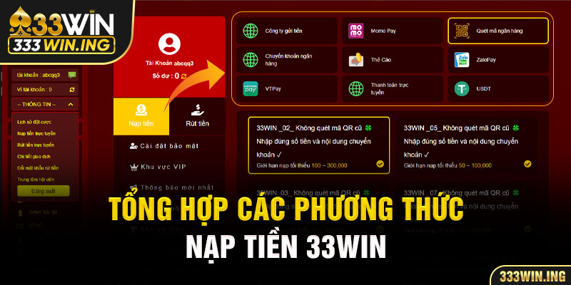 Tổng hợp các phương thức nạp tiền 33WIN